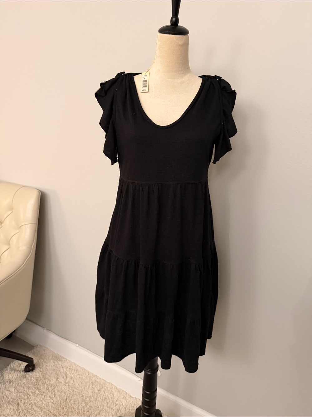 Max Studio Black Tiered Mini Dress with Ruffle Sleeves
